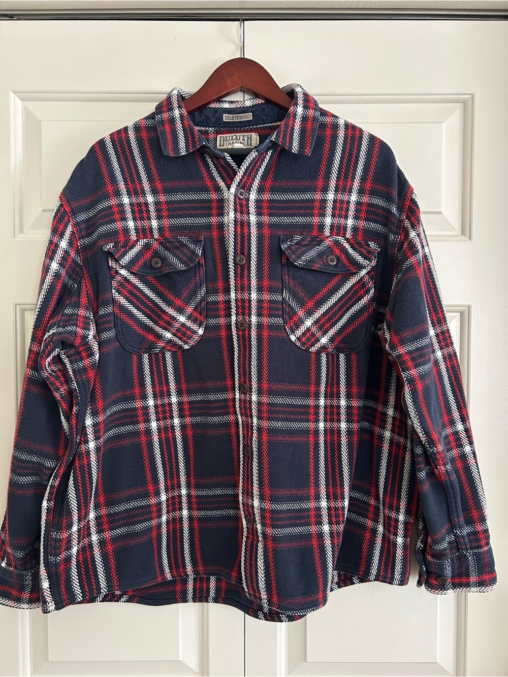 Duluth Trading Untucked Relaxed Fit Navy Red Plaid 100% Cotton Shacket Men’s XL